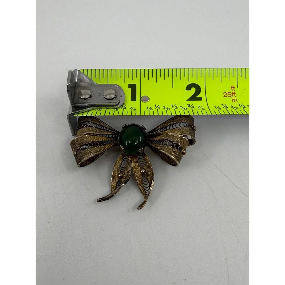 Sorrento Vintage Sterling Silver Gold Wash Filigree Jade Bow Brooch Pin
